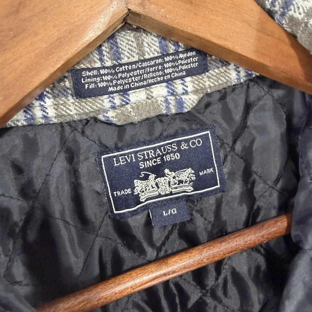 Levi's Insulated Flannel‎ Shacket Men's Lg Grunge Green Grey Quilted Lining - Picture 2 of 4